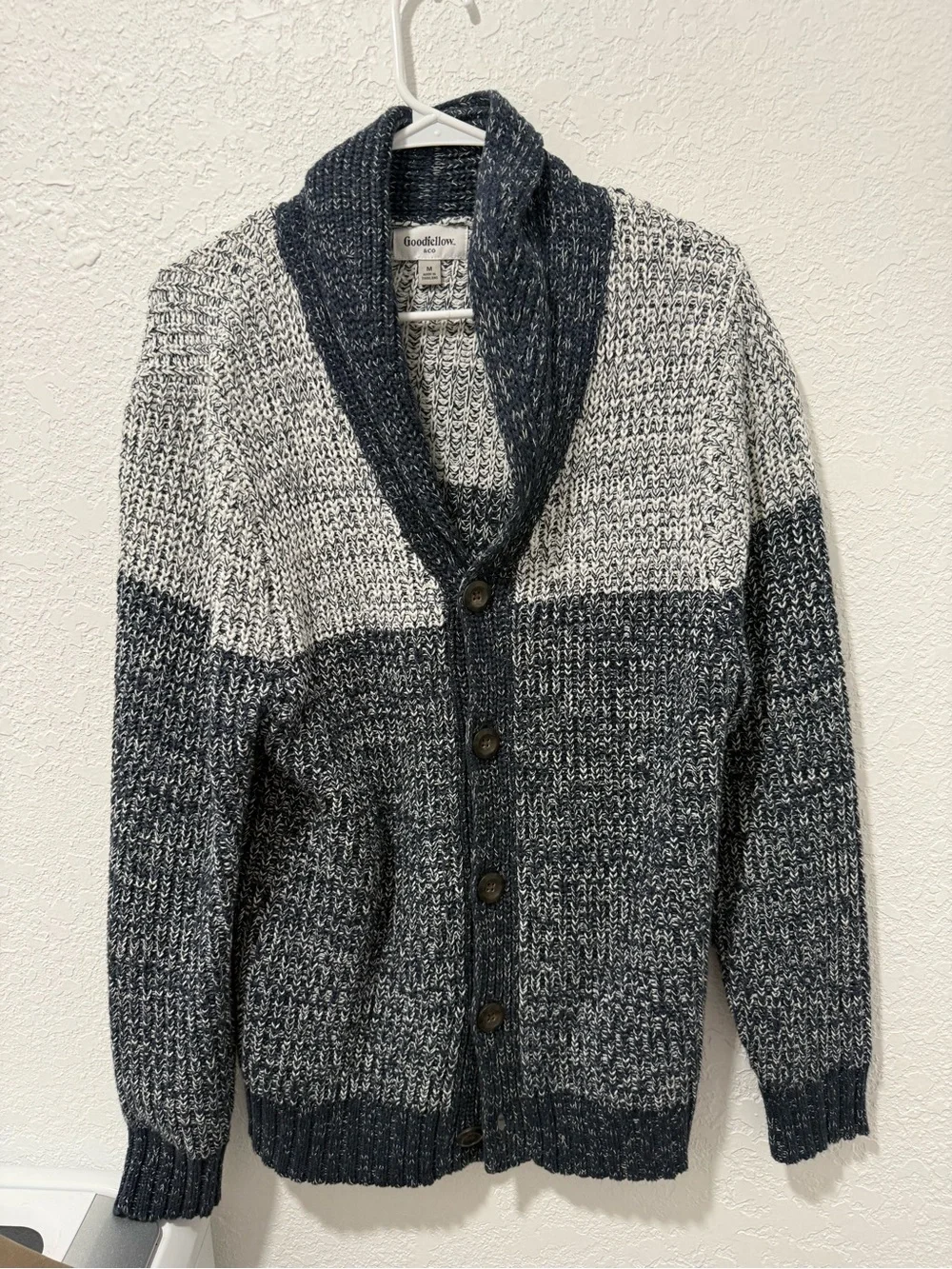 Goodfellow & Co Navy and White Shawl Collar Button-Up Sweater